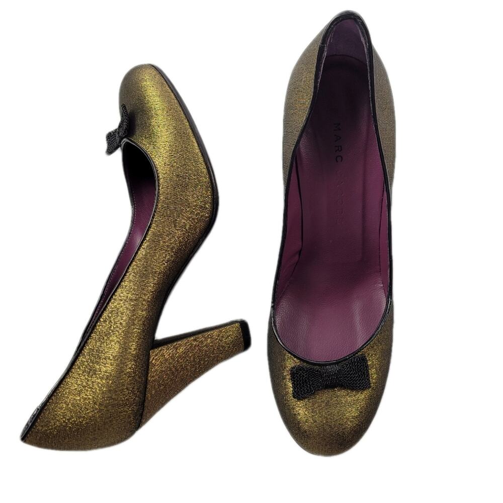 Marc Jacobs Bronze Taffeta Heels with Black Mesh Bows & Trim size 36 1/2